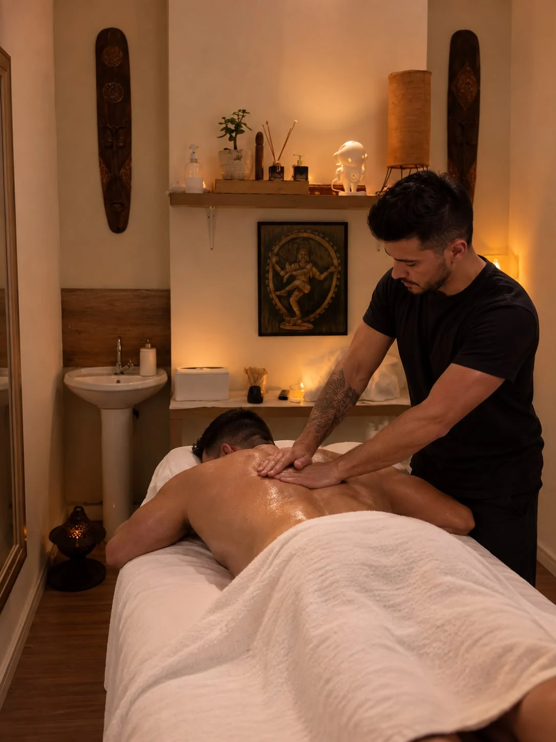 Atendimento de massagem masculina em maca